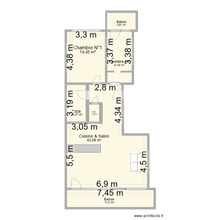 Appartement Embourg. Plan de 7 pièces et 88 m2