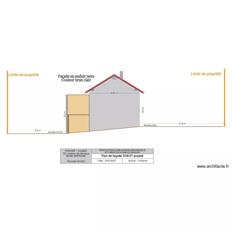 FACADE OUEST projete limite de propri&eacute;t&eacute;. Plan de 1 pièce et 6 m²