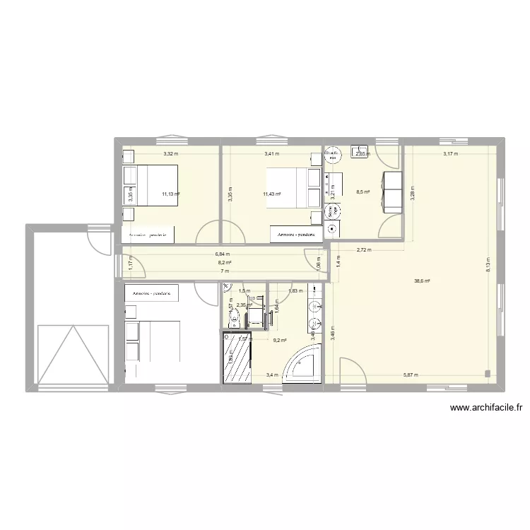 pascal. Plan de 7  et 89 m²