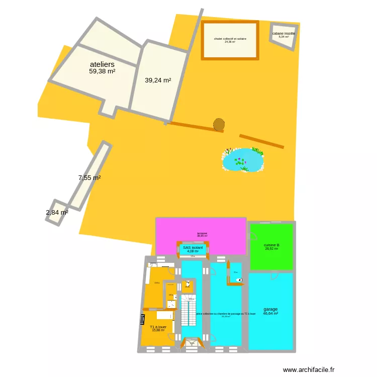 ESSAI 2+ext&eacute;rieur B RDC Coll&egrave;ge. Plan de 19  et 351 m²