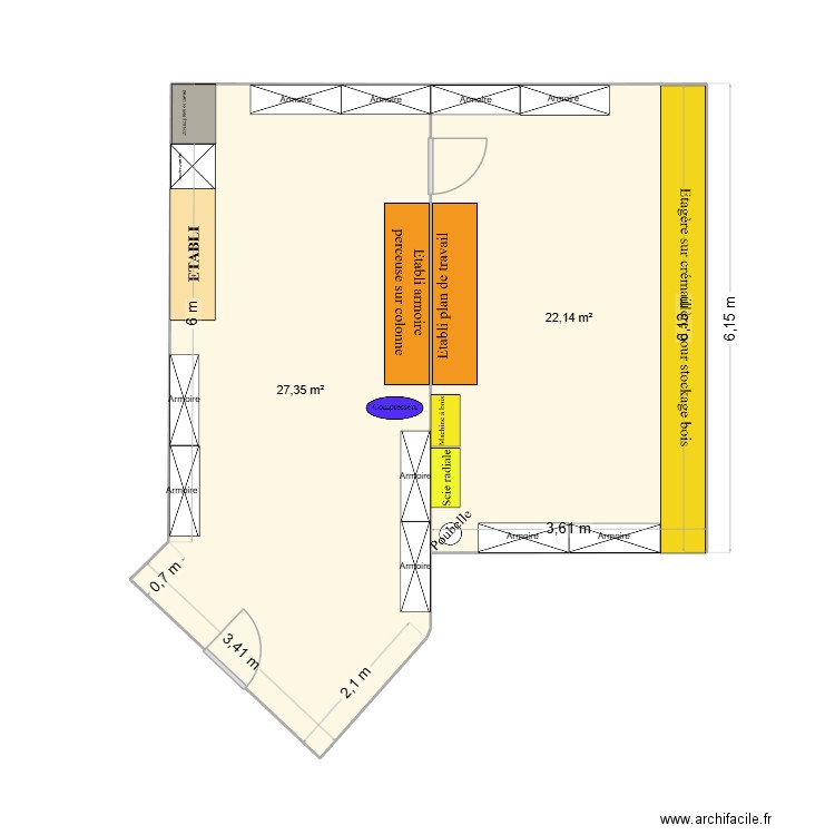 atelier sous sol. Plan de 2 pièces et 50 m2