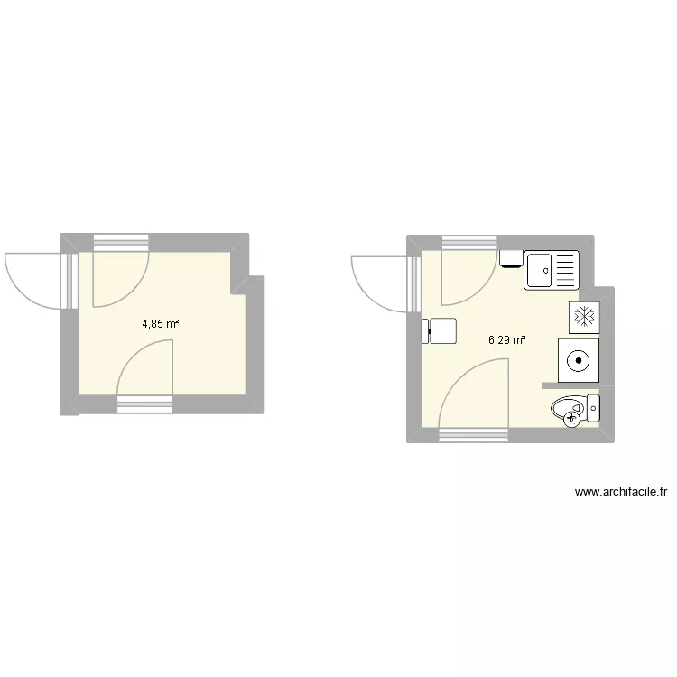 cuisine local pro. Plan de 2  et 11 m²
