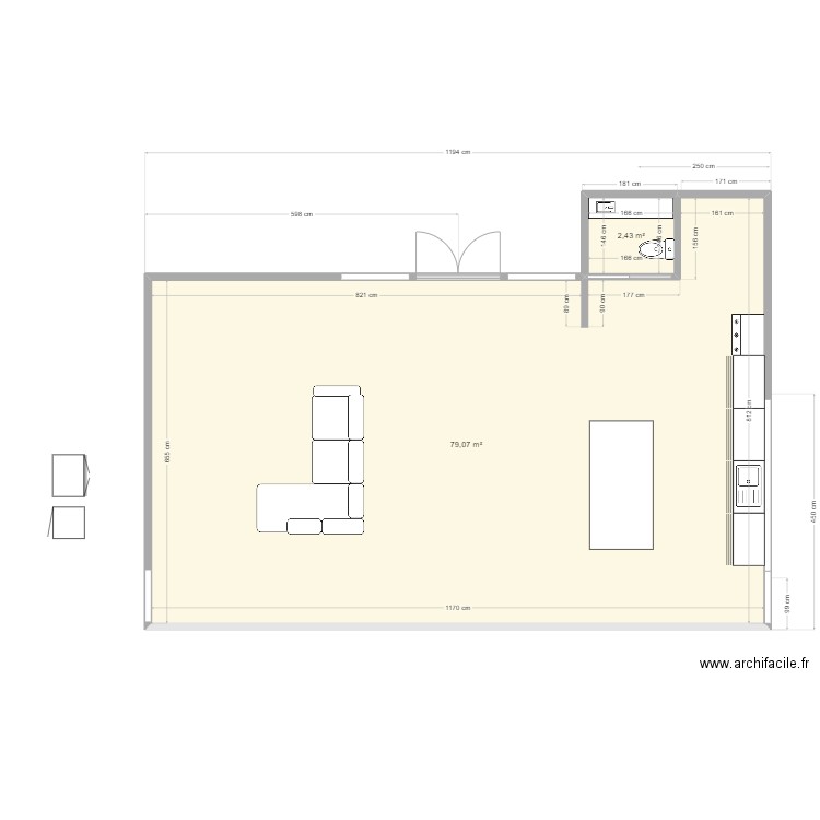 living room. Plan de 2 pièces et 81 m2