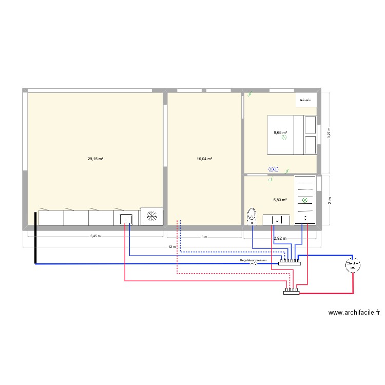 Atelier interieur dupliqué. Plan de 4 pièces et 61 m2