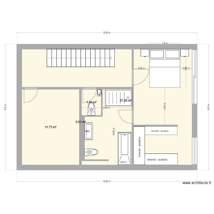 Grande salle de bain - 3 - 1 portes d'accès. Plan de 5 pièces et 51 m2