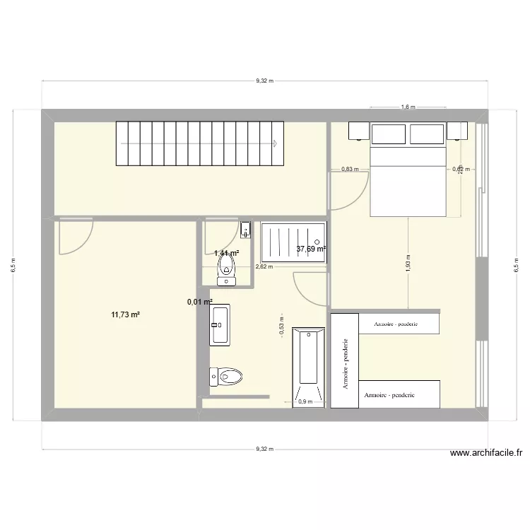 Grande salle de bain - 3 - 1 portes d'accès. Plan de 5 pièces et 51 m² Grande salle de bain - 3 - 1 portes d'accès. Plan de 5 pièces et 51 m²