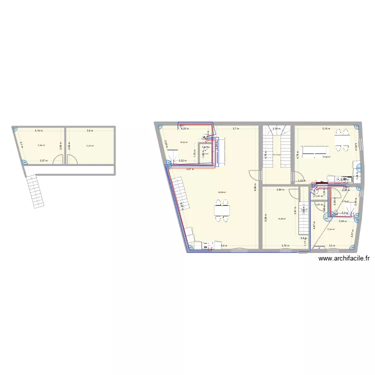 MONTFRIN R+1 modif cuisine. Plan de 11  et 164 m²