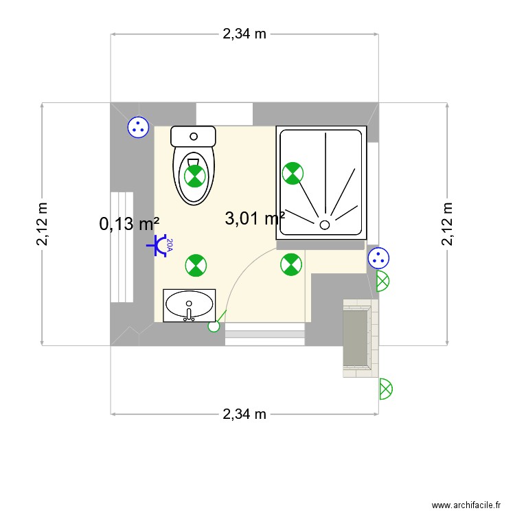 SdB rdc. Plan de 2 pièces et 3 m2