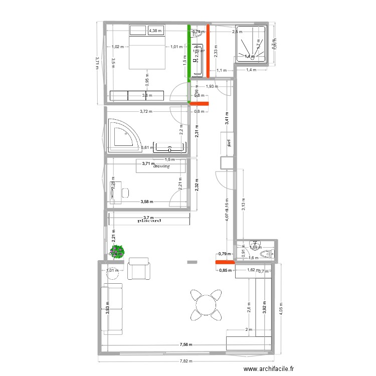 plan douche 140x170, baignoire dans la chambre. Plan de 5 pièces et 70 m2