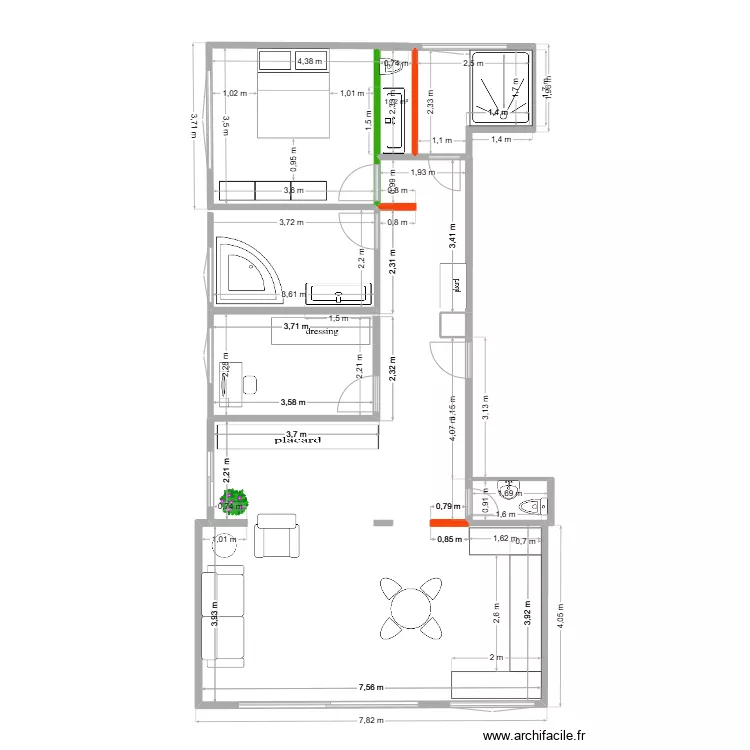 plan douche 140x170, baignoire dans la chambre. Plan de 