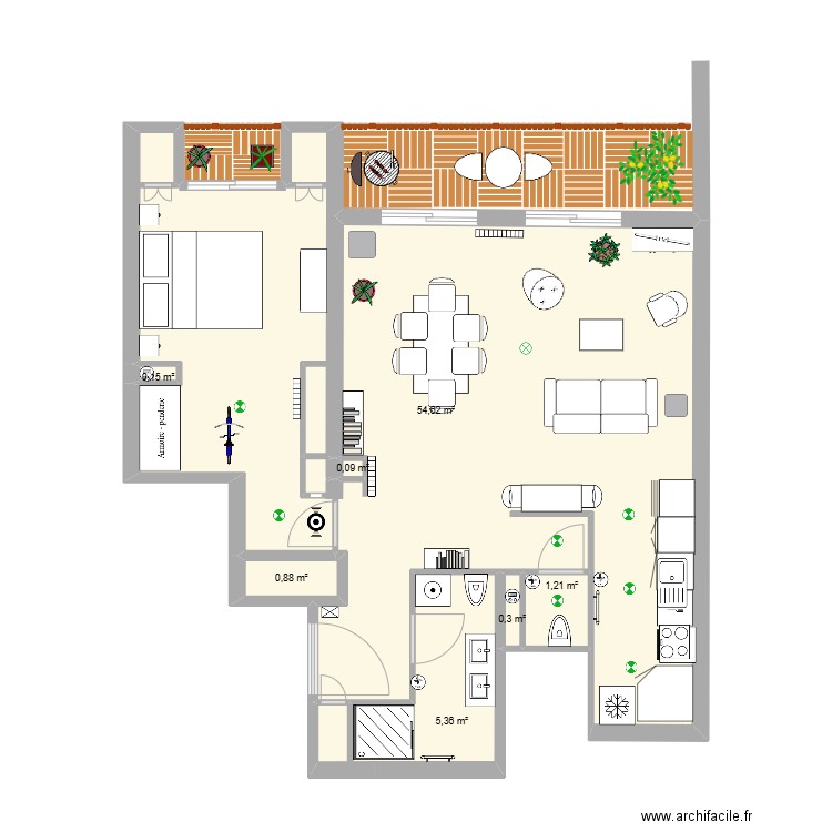 St.Maur V2 avec 1 SDB et cuisine dans ancienne SDB version bar. Plan de 7 pièces et 63 m2