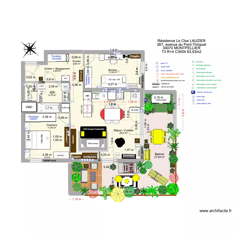 T3 C3404 _ R&eacute;sidence Le Clos Lauzier 4 (cuisine 2,4m choix 6). Plan de 