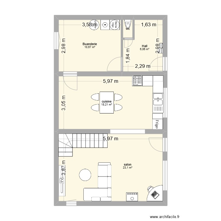 Rez de chaussée. Plan de 5 pièces et 59 m2