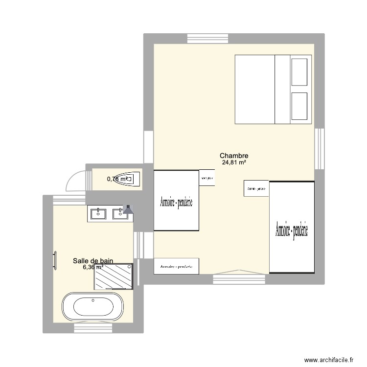 chambre sdb. Plan de 3 pièces et 32 m2