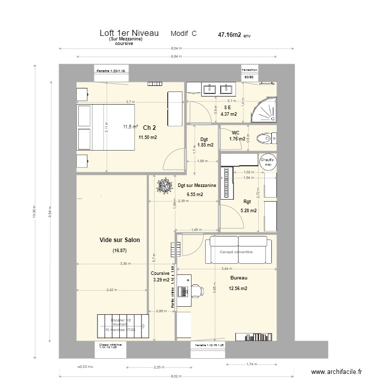 Loft 1 Niveau,Mezzanine +coursive Modif C/E* . Plan de 4 pièces et 59 m2
