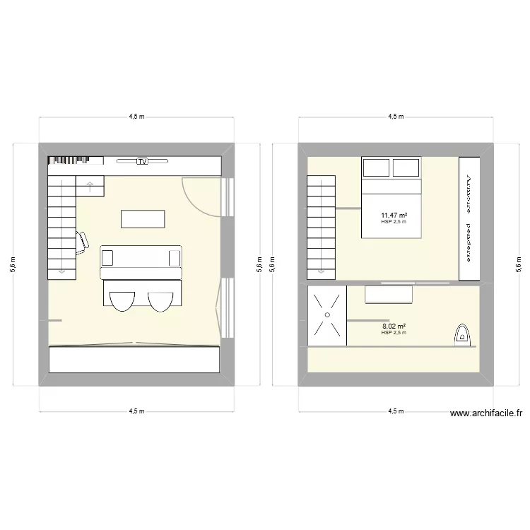 phase 3 studio etudiant propo 1. Plan de 3 pièces et 40 m²