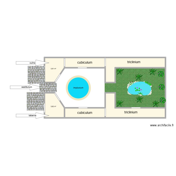 maison romaine. Plan de 6 pièces et 28 m2