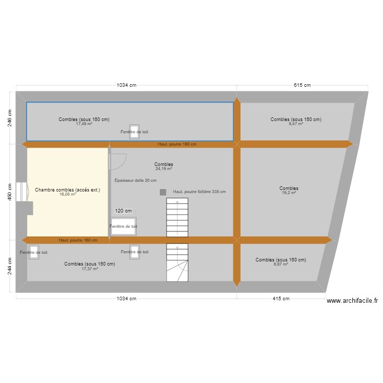 Combles. Plan de 7 pièces et 111 m2