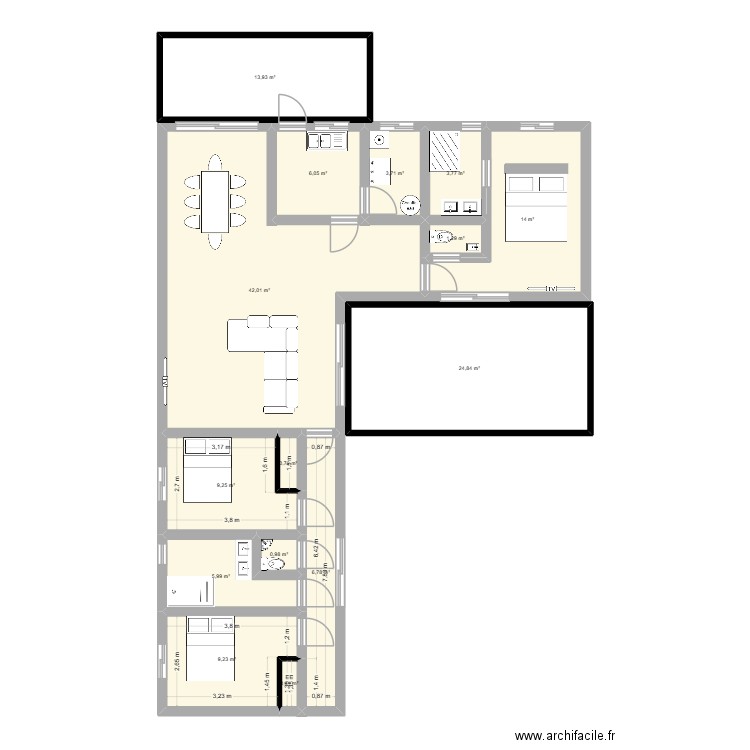 Plan maison 4 conteneurs 40 PIERS. Plan de 15 pièces et 143 m2