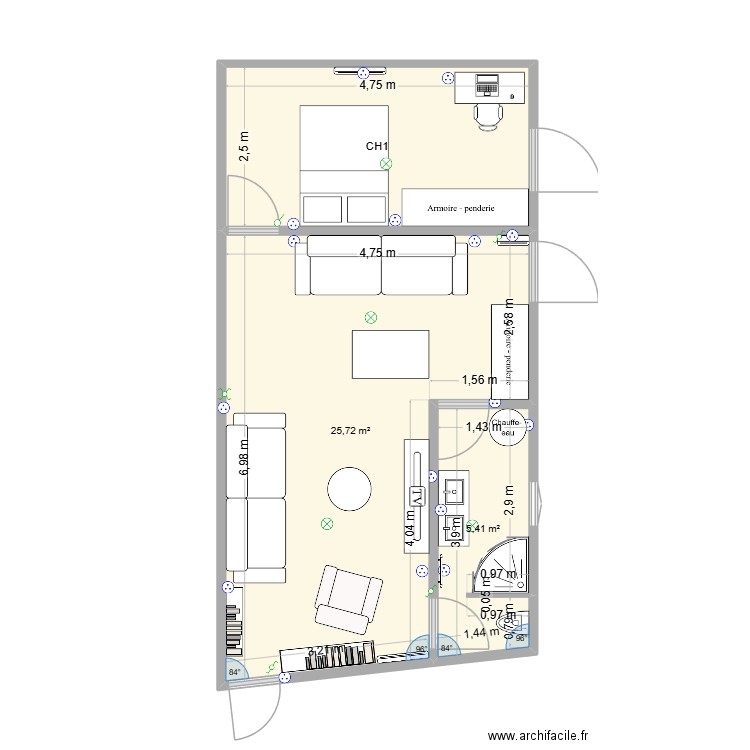 plan min avec meubles. Plan de 3 pièces et 43 m2