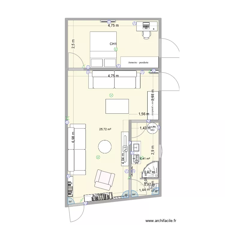 plan min avec meubles. Plan de 3  et 43 m²