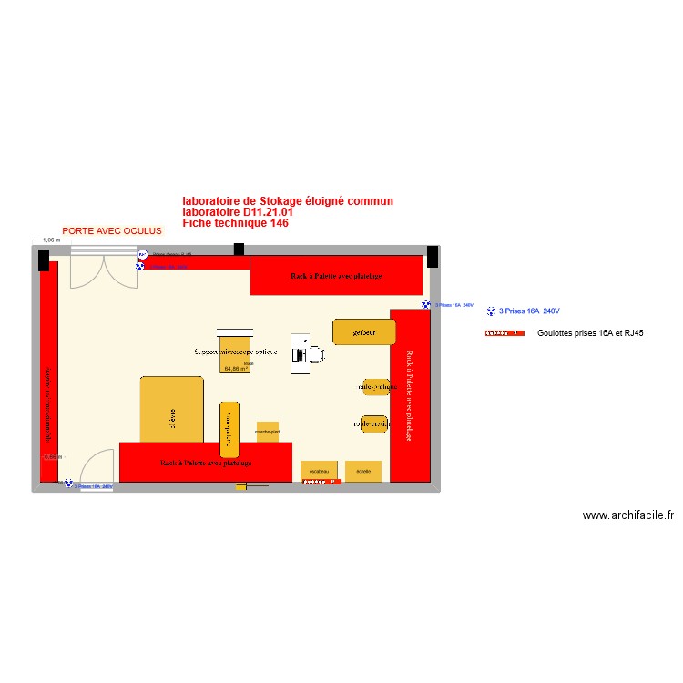 Fiche 146_laboratoire stockage éloigné v8 avec matériel manutention 17 avril2025. Plan de 1 pièce et 65 m2