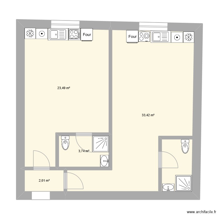 studio 2. Plan de 4 pièces et 63 m2