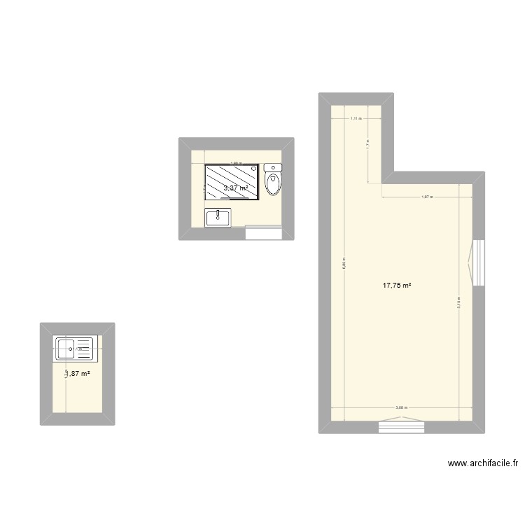 kevin salle de bain. Plan de 3 pièces et 23 m2