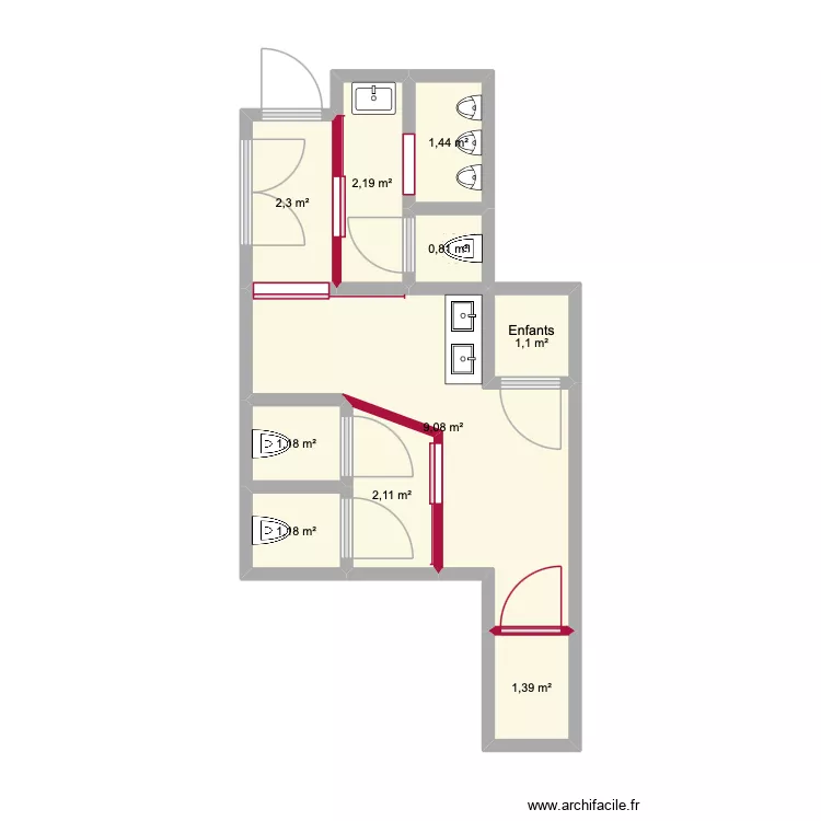 Sanitaires Peuple. Plan de 10 Pièces et 23 m²