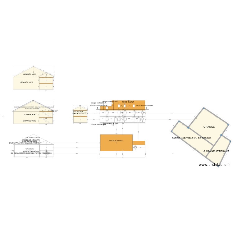 vu de face et coupe. Plan de 2 pièces et 331 m2