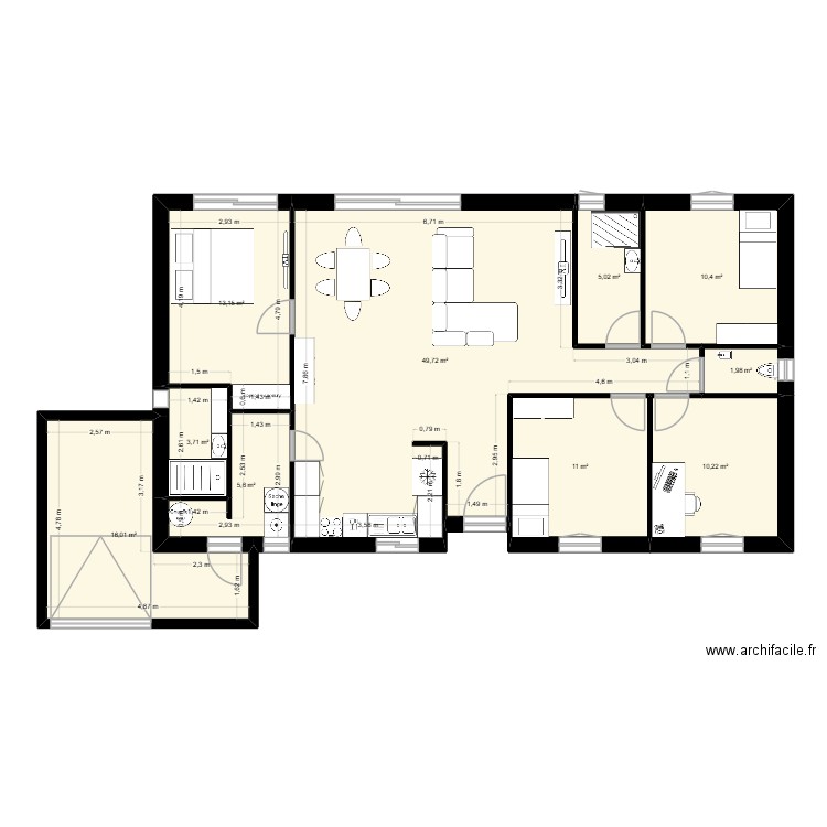 MAISON PLEIN PIED. Plan de 10 pièces et 127 m2