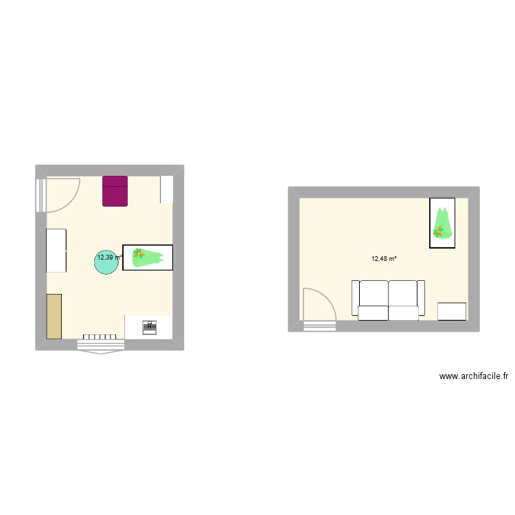 Chambre de lise. Plan de 2 pièces et 25 m2