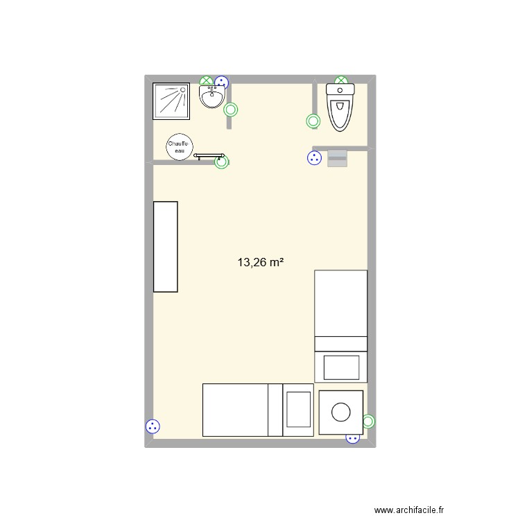 prises. Plan de 1 pièce et 13 m2