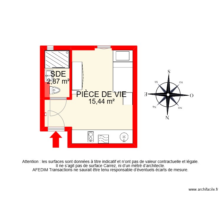BI 30928. Plan de 2 pièces et 18 m2