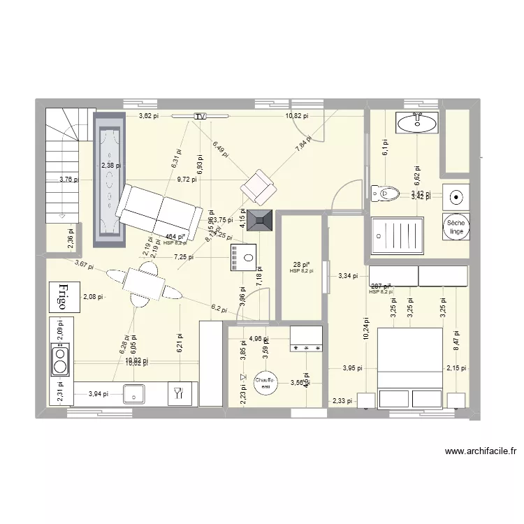 Maison H&eacute;roux sous-sol2. Plan de 3 pièces et 72 m²