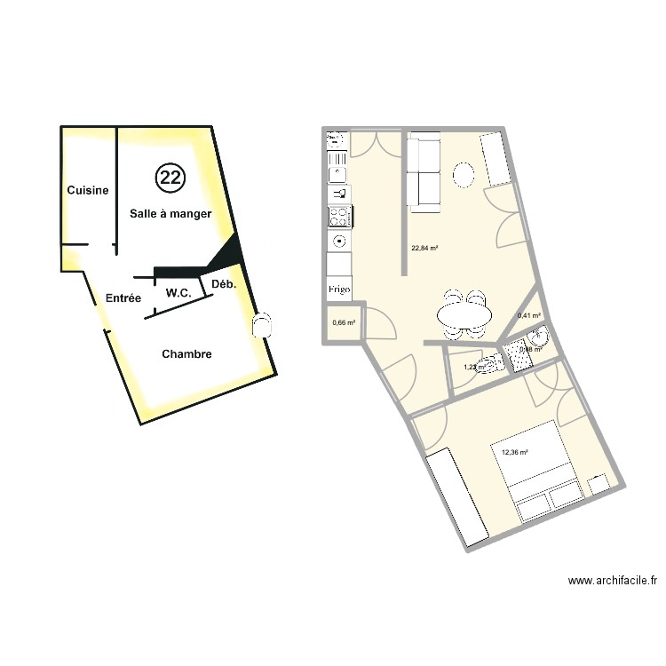 POPO travaux. Plan de 6 pièces et 38 m2