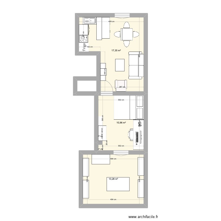 Jouye rouve. Plan de 3 pièces et 42 m2