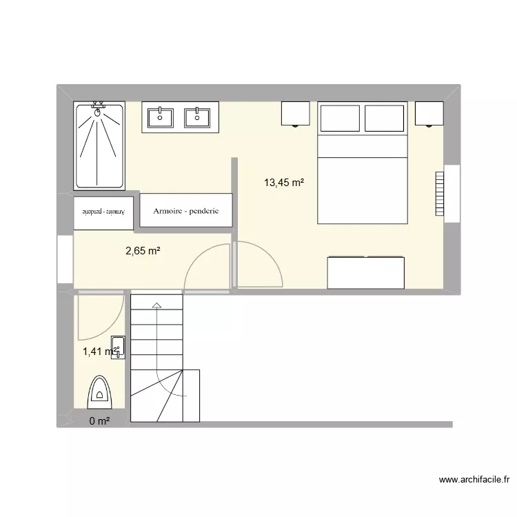 Dupr&eacute; Chambre et Entr&eacute;e. Plan de 4 pièces et 18 m²