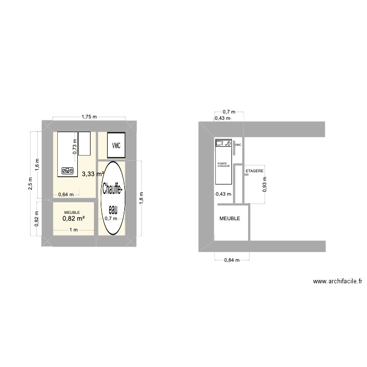 cuisine V2. Plan de 2 pièces et 4 m2