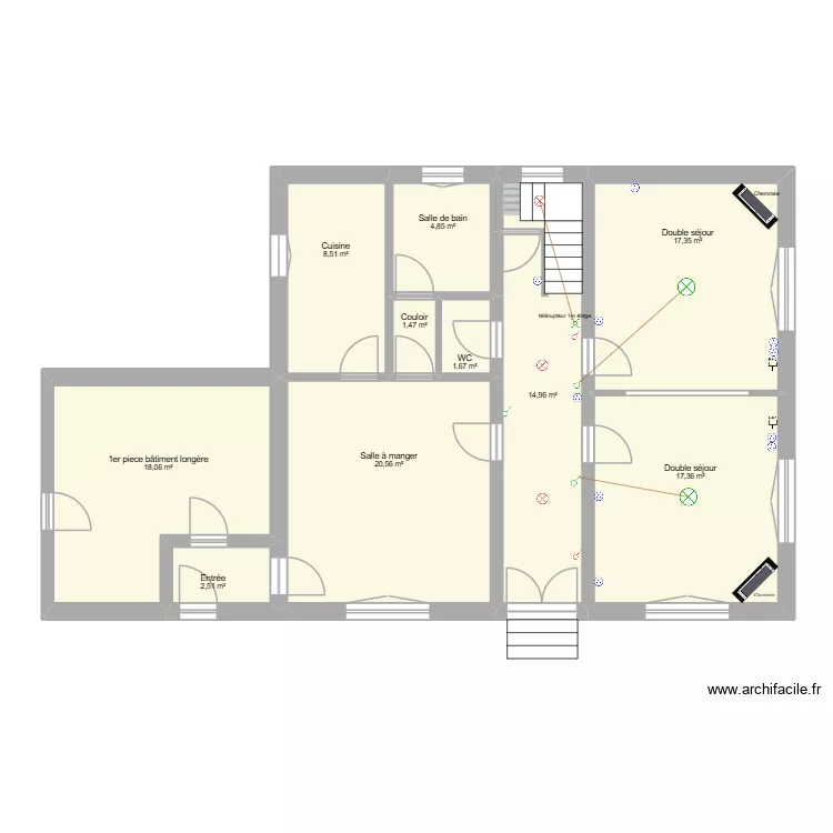 Couloir/Double S&eacute;jour RDC. Plan de 10  et 107 m²