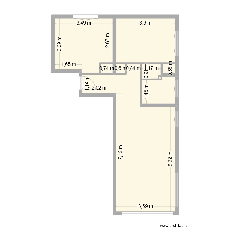 Les Choucas cotations intérieures murs porteurs. Plan de 9 pièces et 54 m2