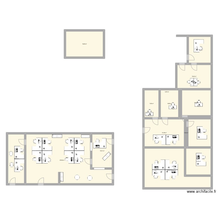 bureau de prod. Plan de 15 pièces et 255 m2