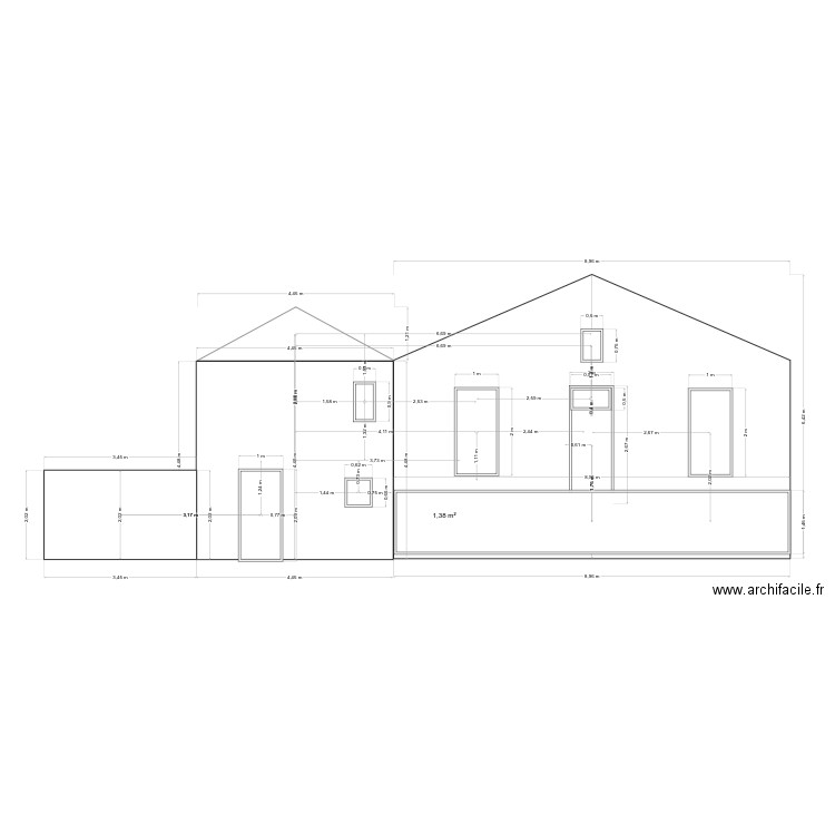 Plan façade AVANT. Plan de 1 pièce et 1 m2