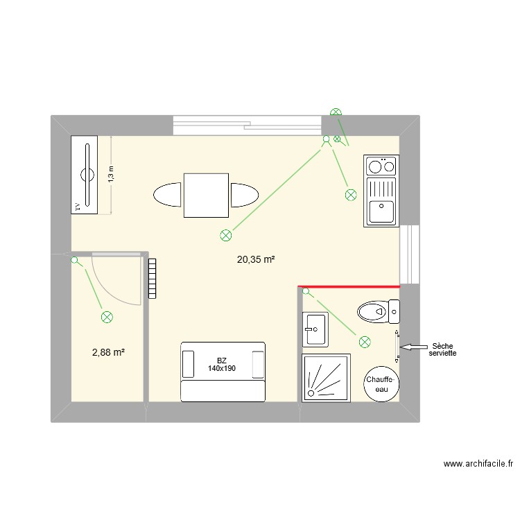 Fanie eclairage. Plan de 2 pièces et 23 m2