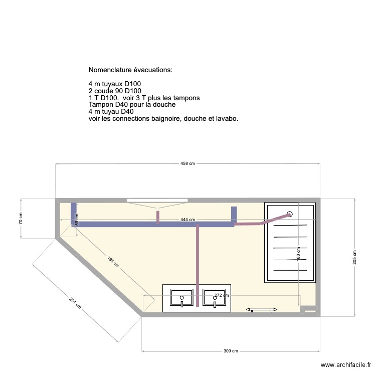 Salle de bain évacuations. Plan de 2 pièces et 8 m2