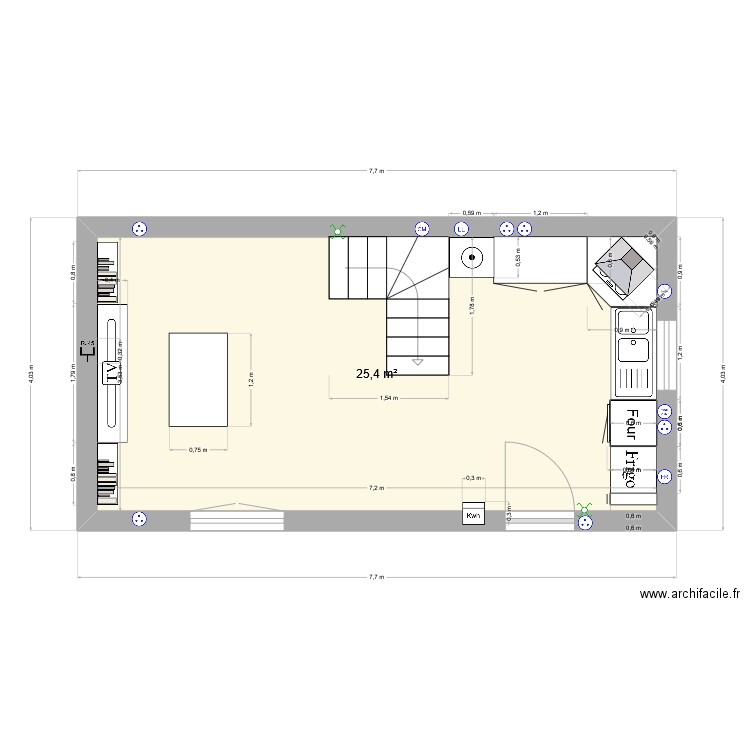 Rdc meublé. Plan de 1 pièce et 25 m2