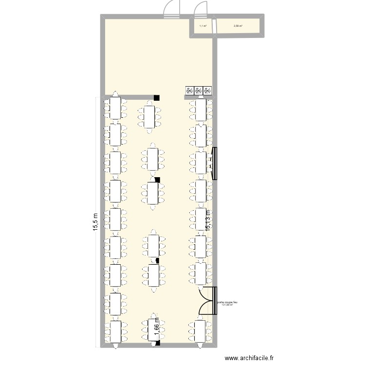 réfectoire RDC. Plan de 3 pièces et 136 m2