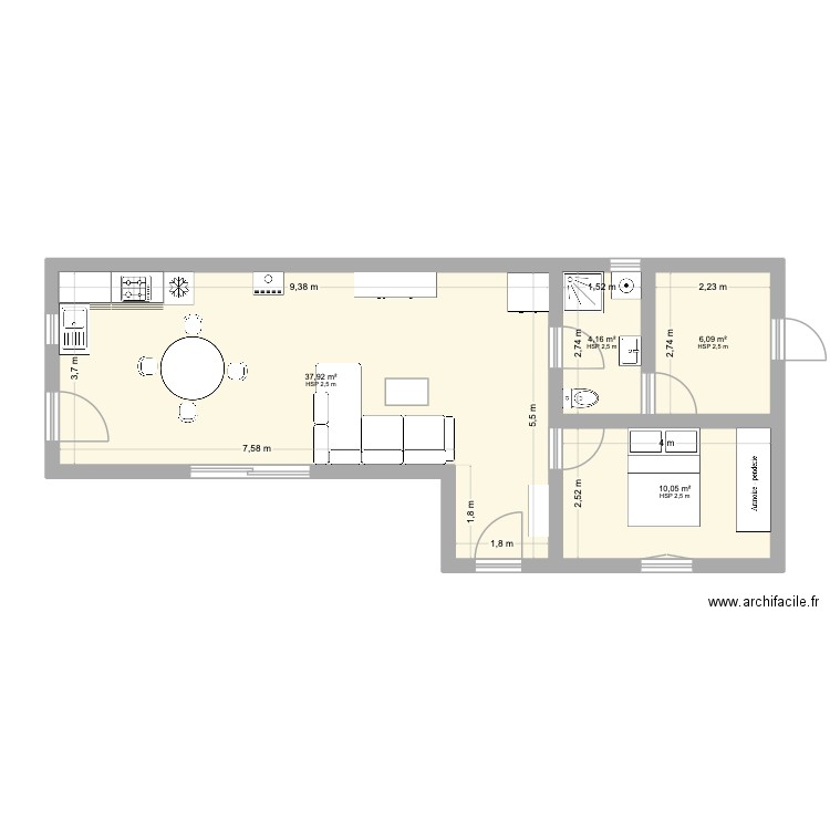 plan 1 branges L. Plan de 4 pièces et 58 m2