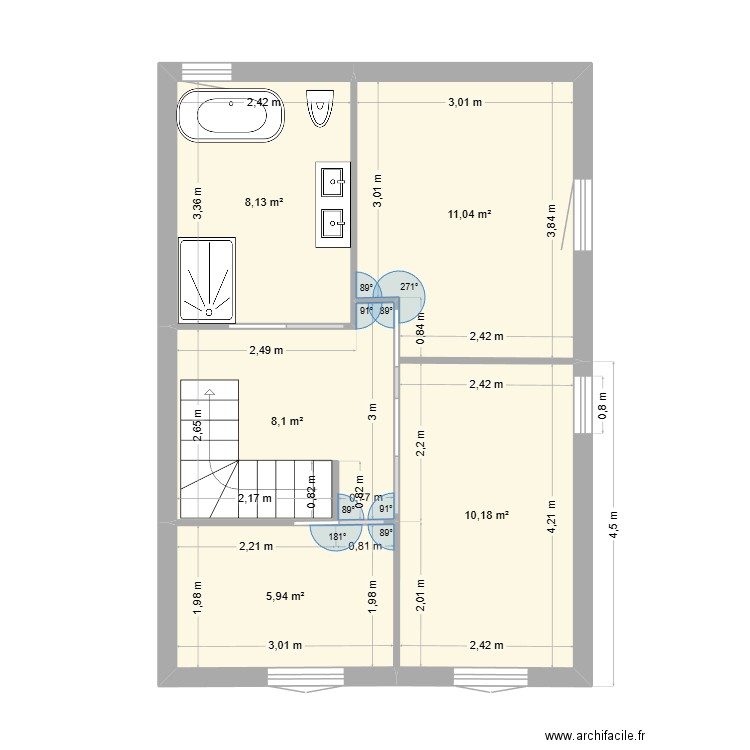 Etage avec cloisons mesures. Plan de 5 pièces et 43 m2
