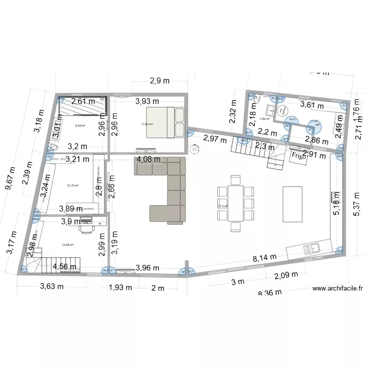 RDC maison meublé sans garage cotation. Plan de 7 Pièces et 133 m² RDC maison meublé sans garage cotation. Plan de 7 Pièces et 133 m²